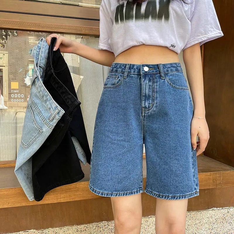 Summer Blue High Waisted Denim Shorts Korean Style Wide Leg Videre