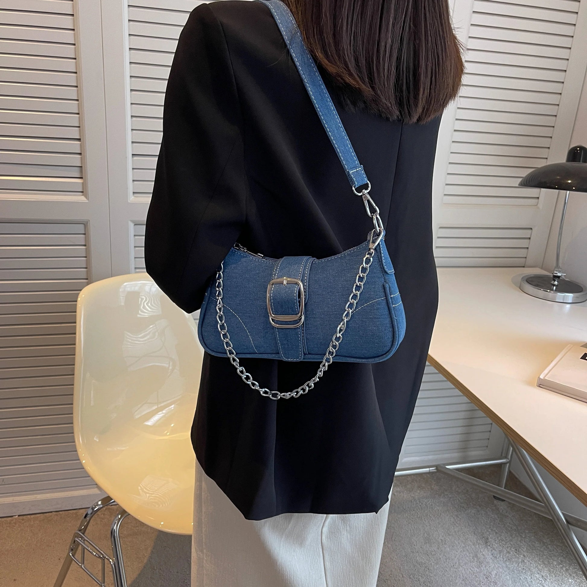 Denim Chain Buckle Shoulder Bag - Videre