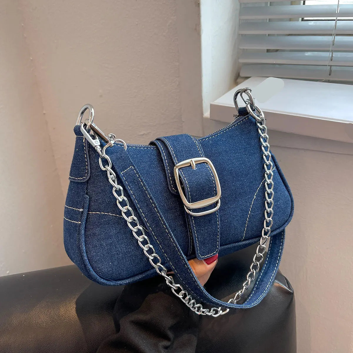 Denim Chain Buckle Shoulder Bag - Videre