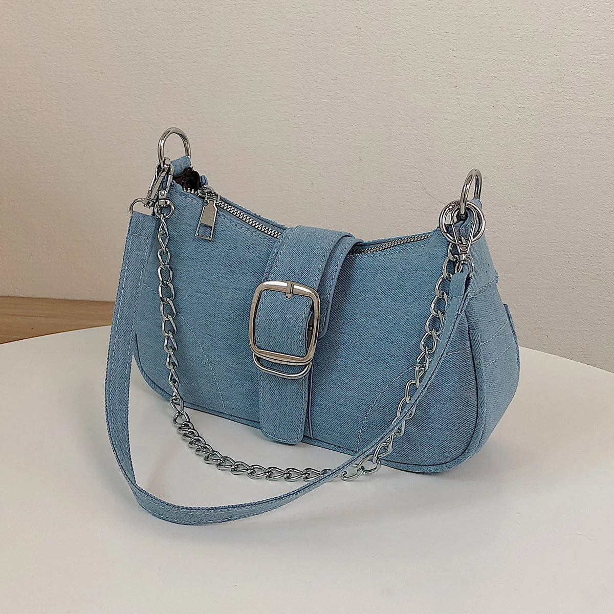 Denim Chain Buckle Shoulder Bag - Videre