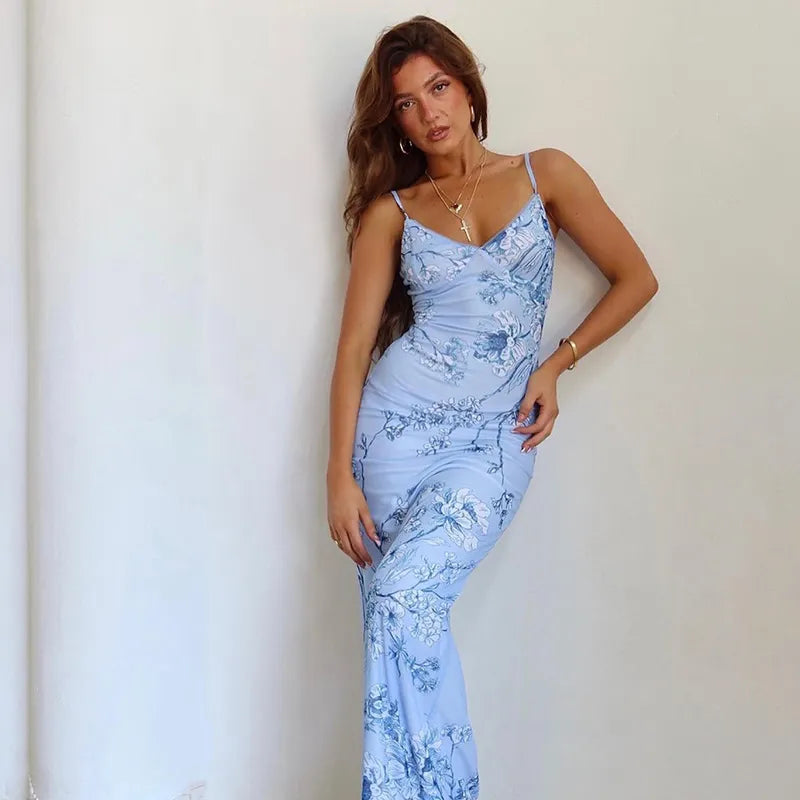 Floral Print V-Neck Maxi Dress - Videre