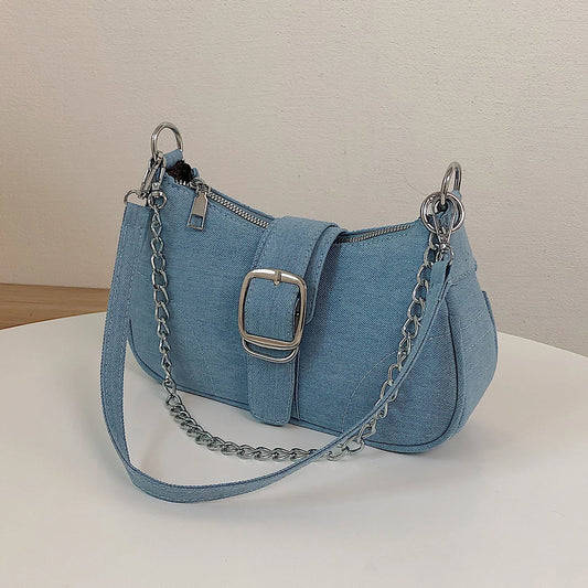 Denim Chain Buckle Shoulder Bag - Videre